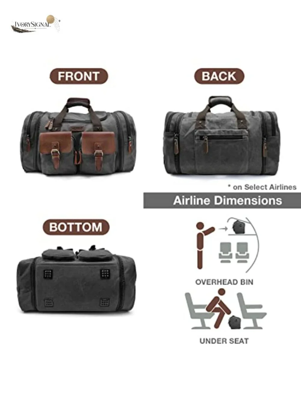 Canvas Leather Expandable 50L Travel Duffel Weekender Overnight Bag